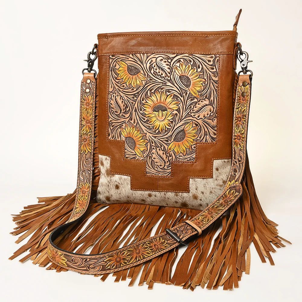American Darling Western Hand Tooled Floral Leather &amp; Hair-On Cowhide Purse - ADBG256TAWSUNF
