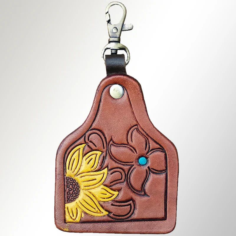 American Darling Hand-Tooled Leather Keyring Yellow Sunflower &amp; Turquoise Floral Accent