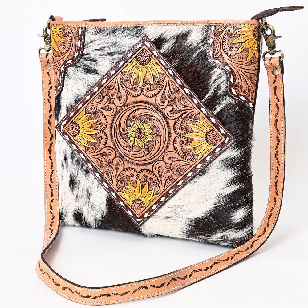 American Darling Hide On Boho Messenger Bag w/ Painted Sunflower Tooling
