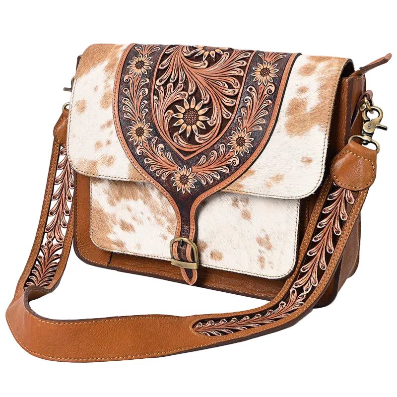 American Darling Floral Tooled Leather Cowhide Western Messanger Bag