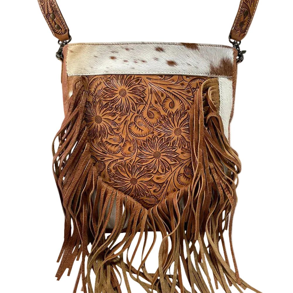 American Darling Hand Tooled Leather Messanger Bag W/ Hair on Cowhide &amp; Fringe