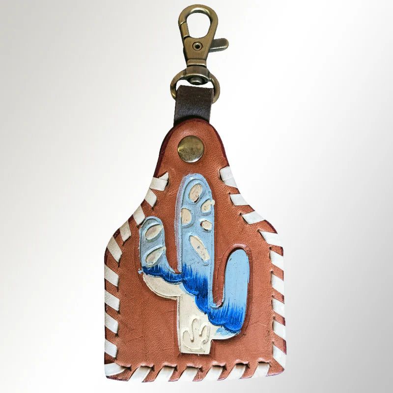 American Darling Hand-Tooled Leather Keyring Blue &amp; Ivory Cactus with White Laced Border
