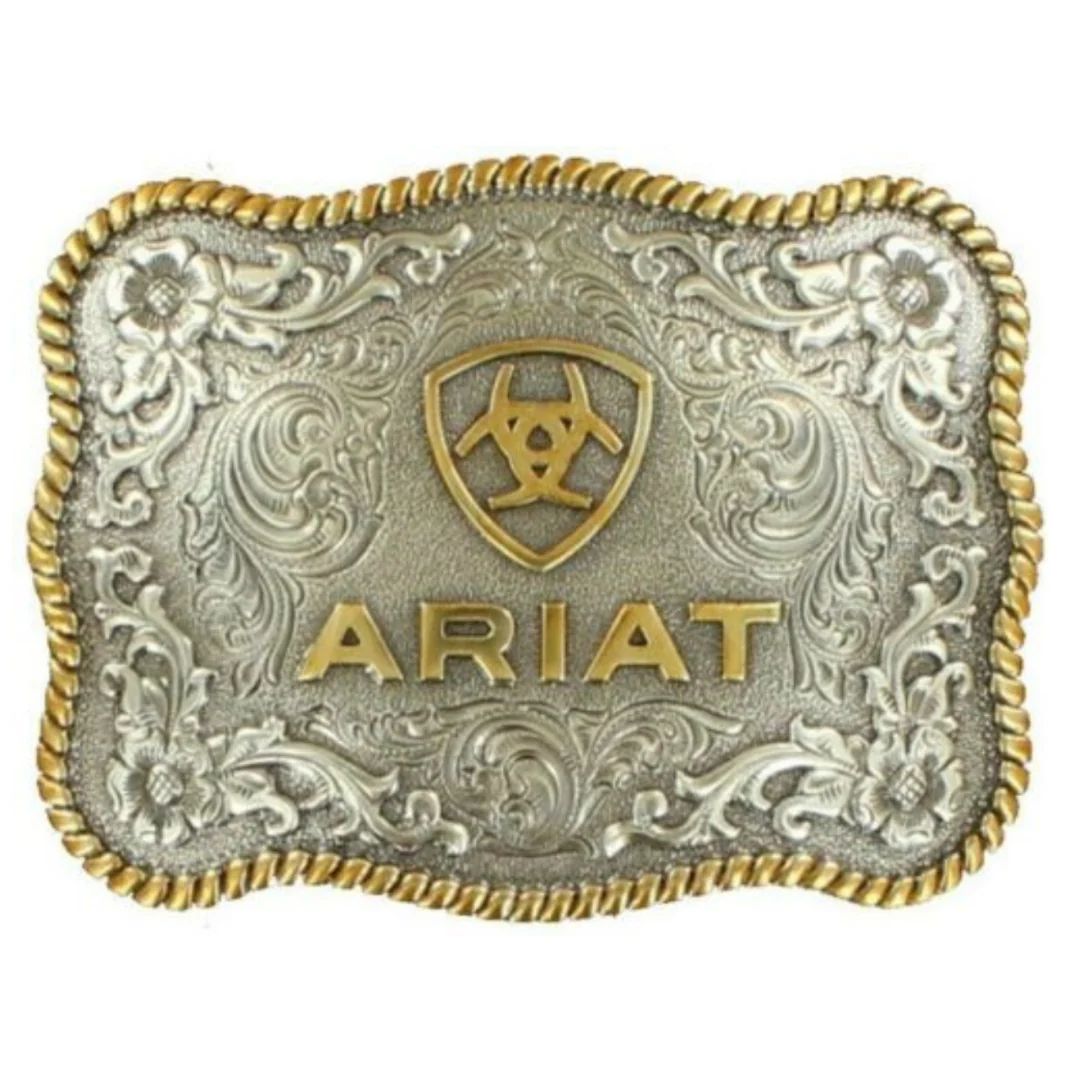 Ariat Buckle Rectangle with Gold Rope Edging Floral Filigree Center and Gold Shield Logo