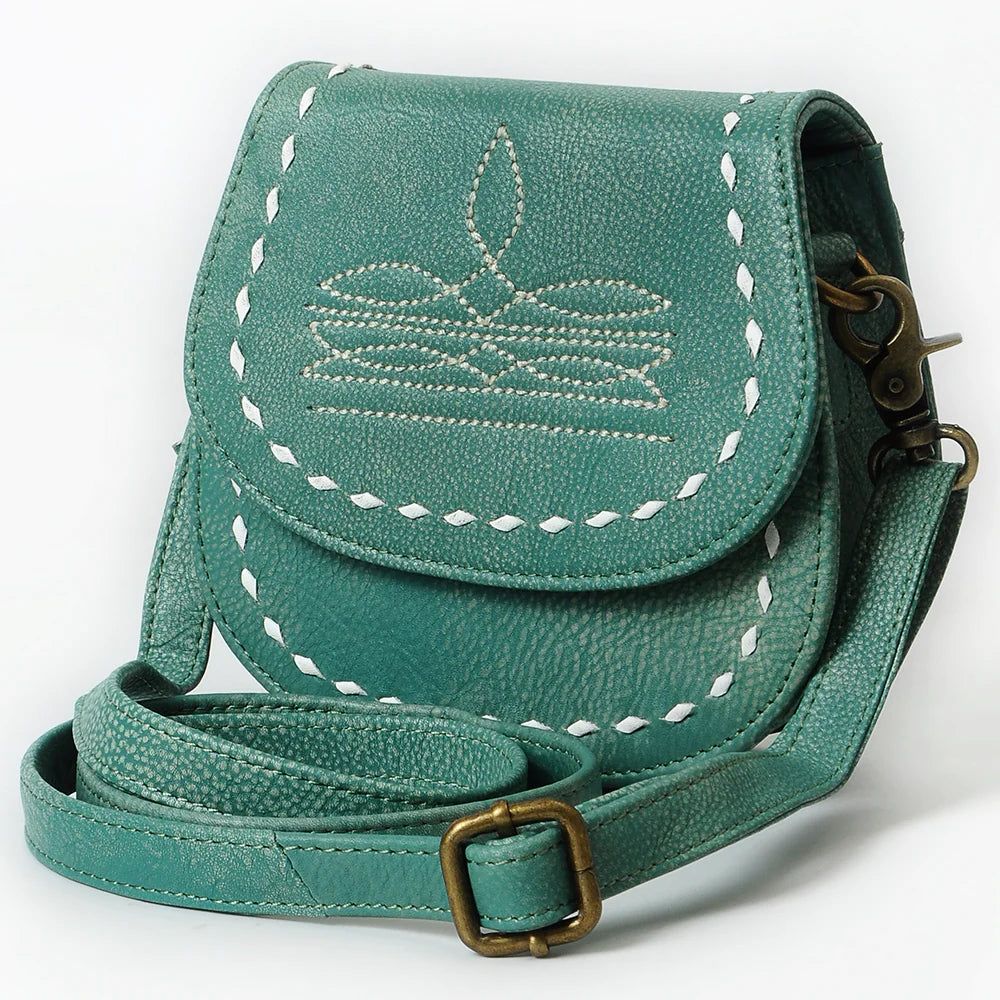 American Darling Western Stitch Leather Crossbody Saddle Purse- Teal
