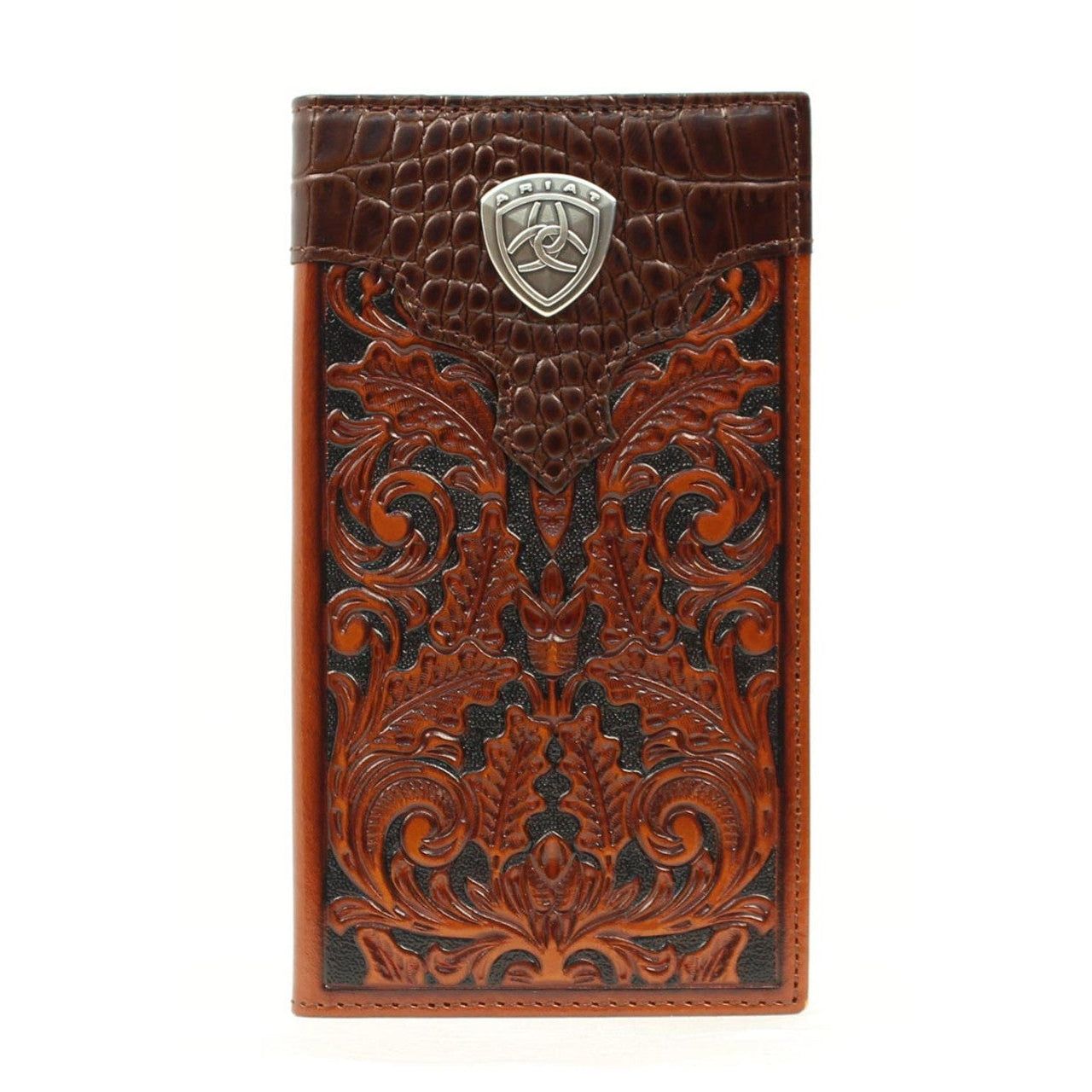 Ariat Rodeo Wallet Tan Tooled Body with Gator Design Top Shield Concho