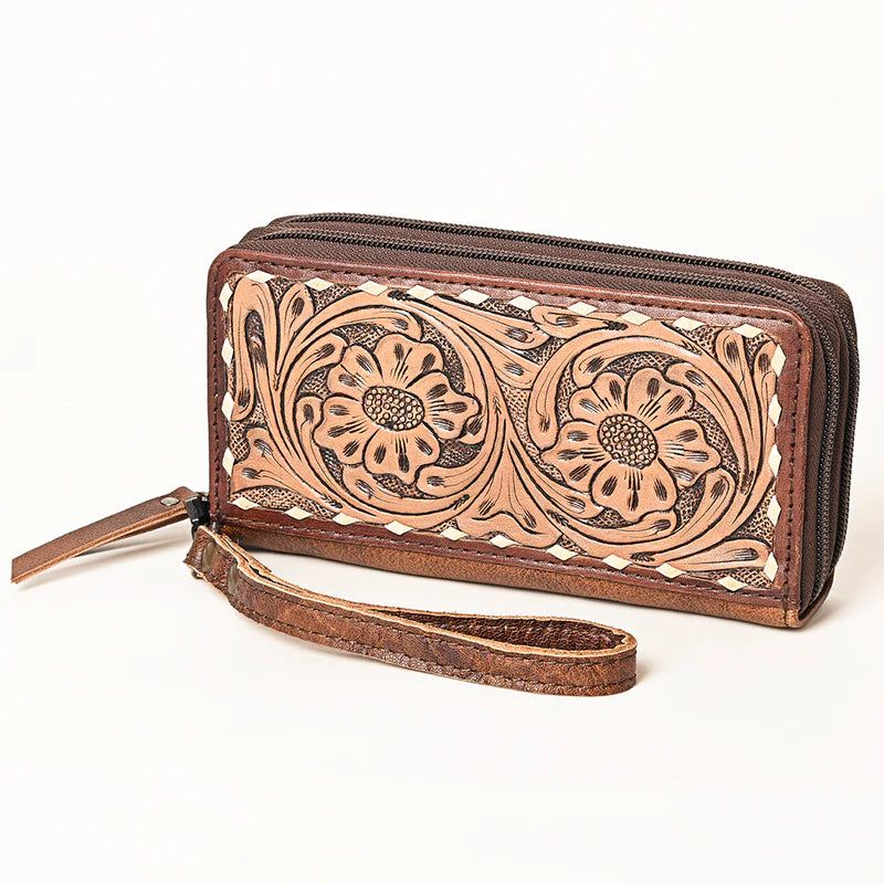 American Darling hand Tooled Leather Wristlet Bag -Floral Carved