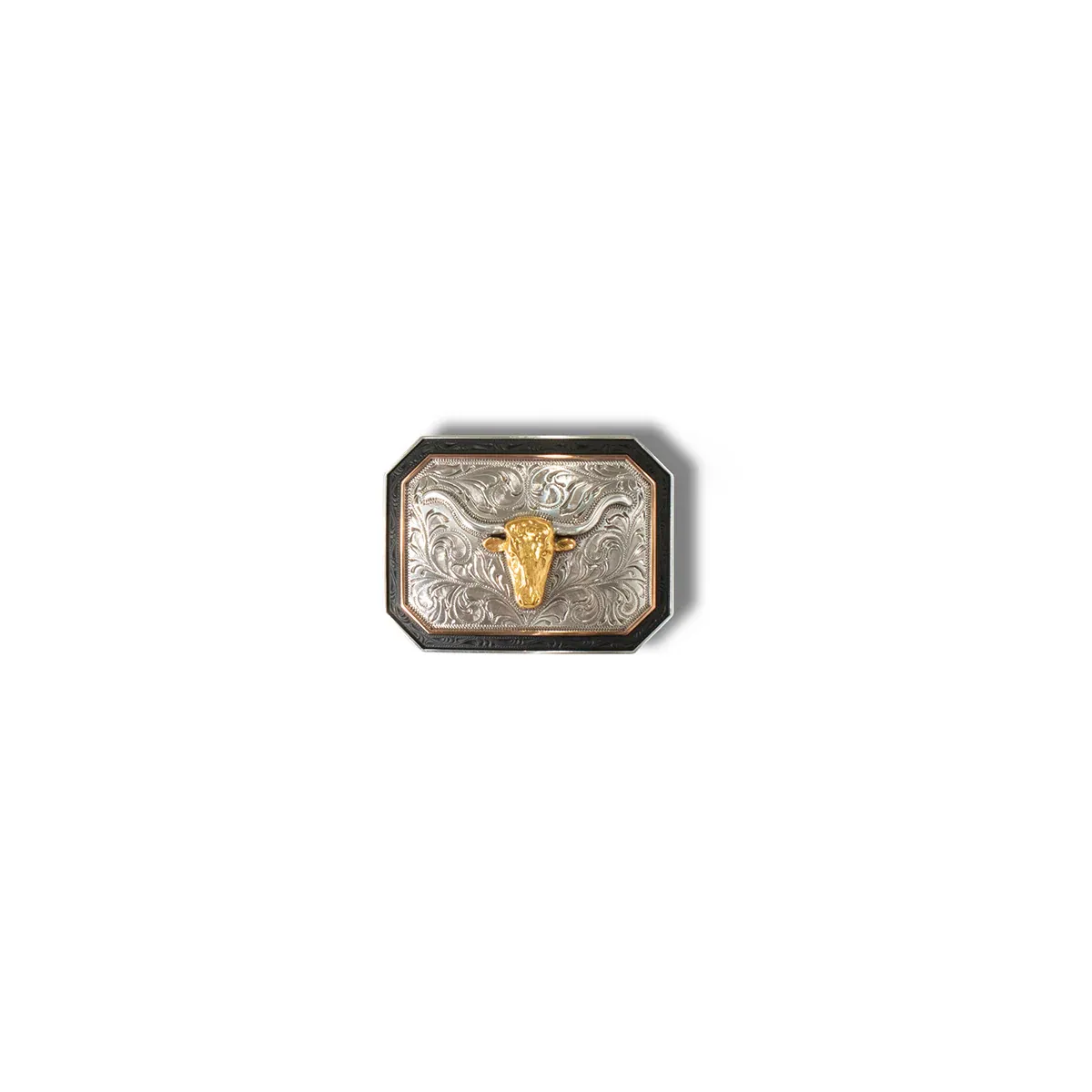 Ariat Rectangle Longhorn Motif Buckle - Antique Silver/Gold