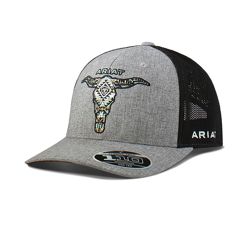 Ariat Mens Flexfit 110 Snapback Cap - Grey Longhorn