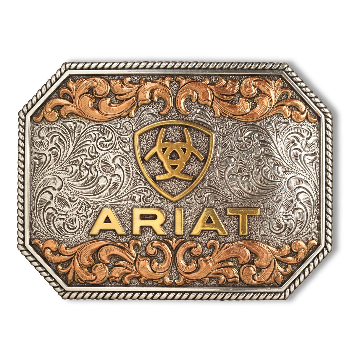 Ariat Rectangle Buckle - Raised Logo Antique Silver &amp; Antique Gold