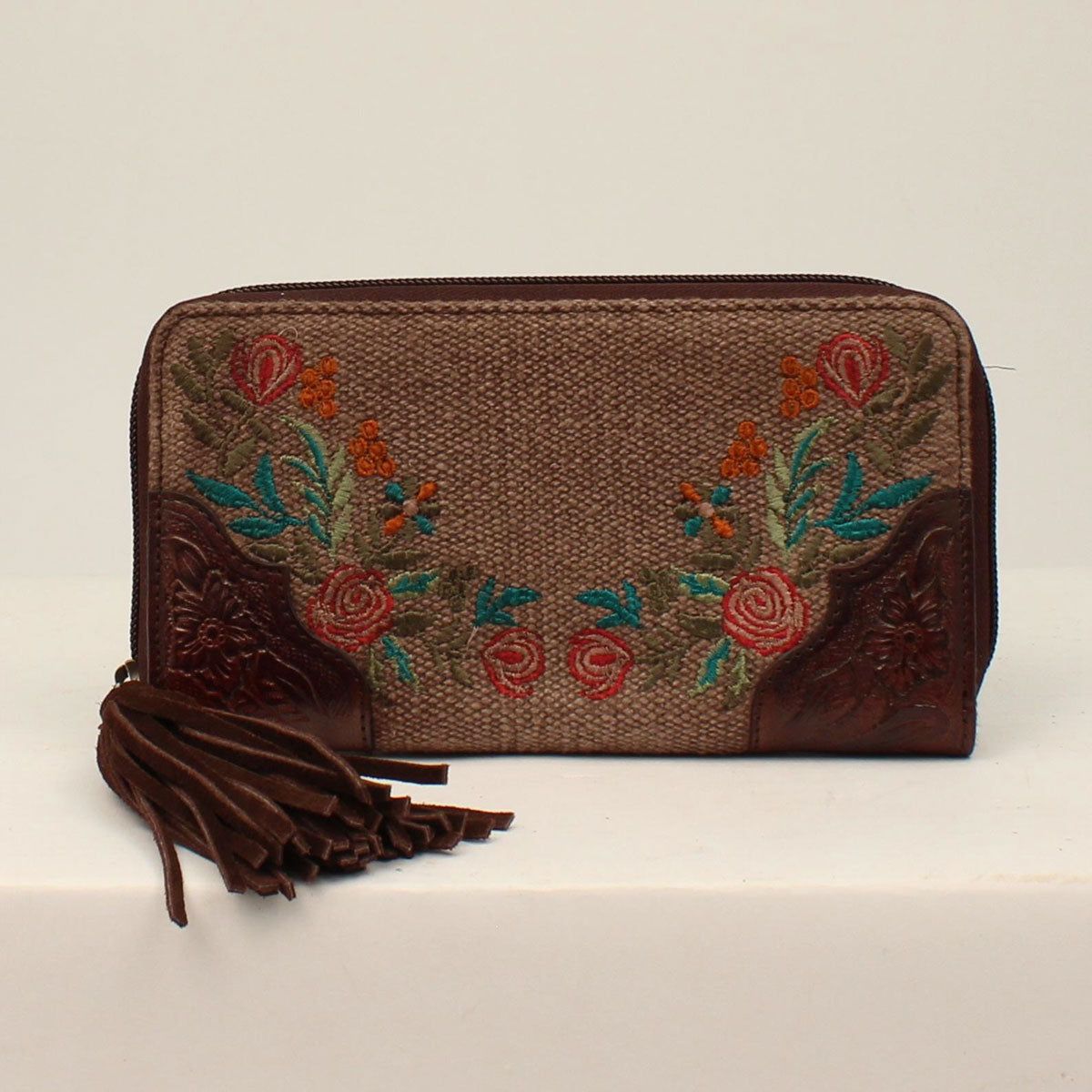 Audrey Clutch Canvas Flower Fringe Brown