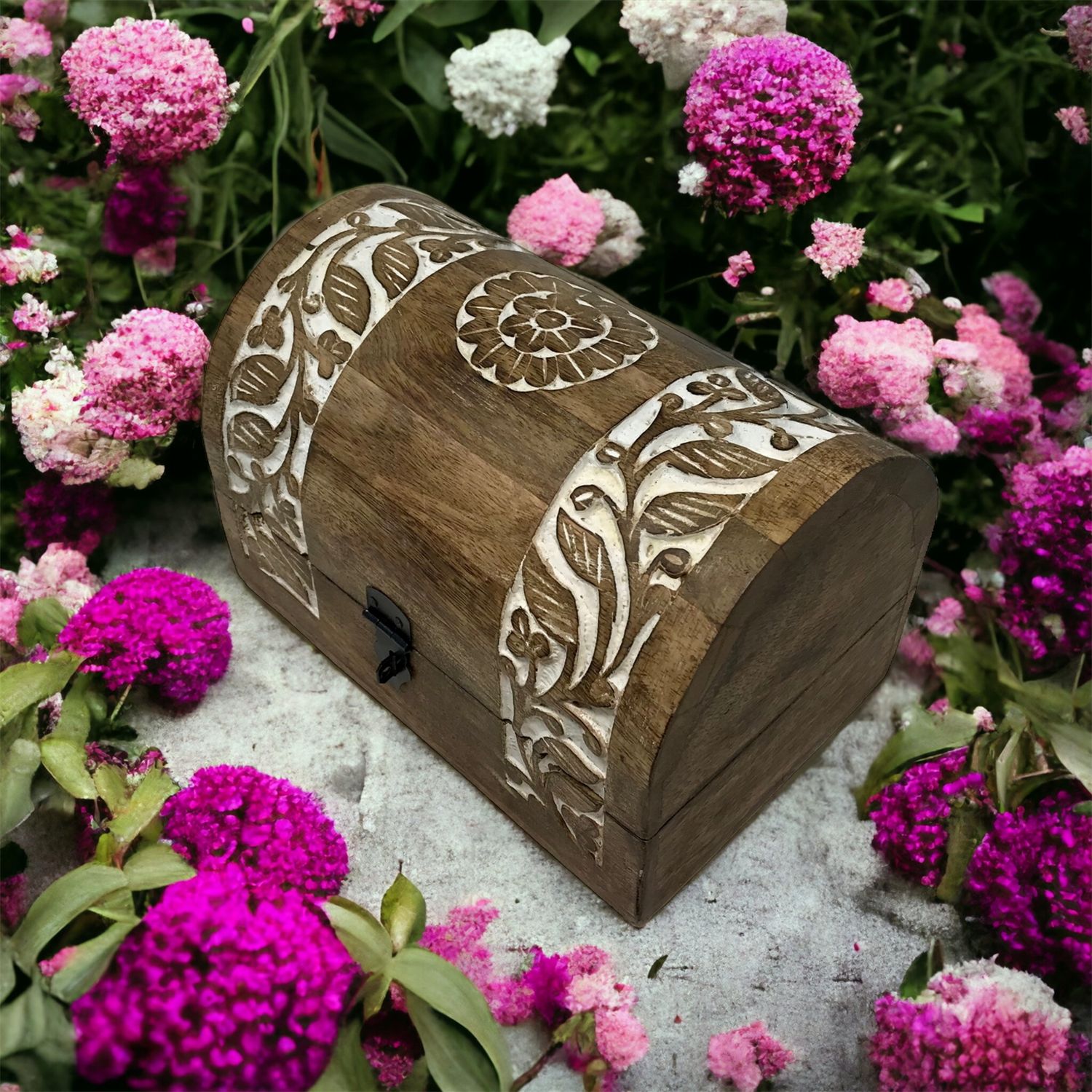 Beanstalk Half Round Carved Box - White Wash