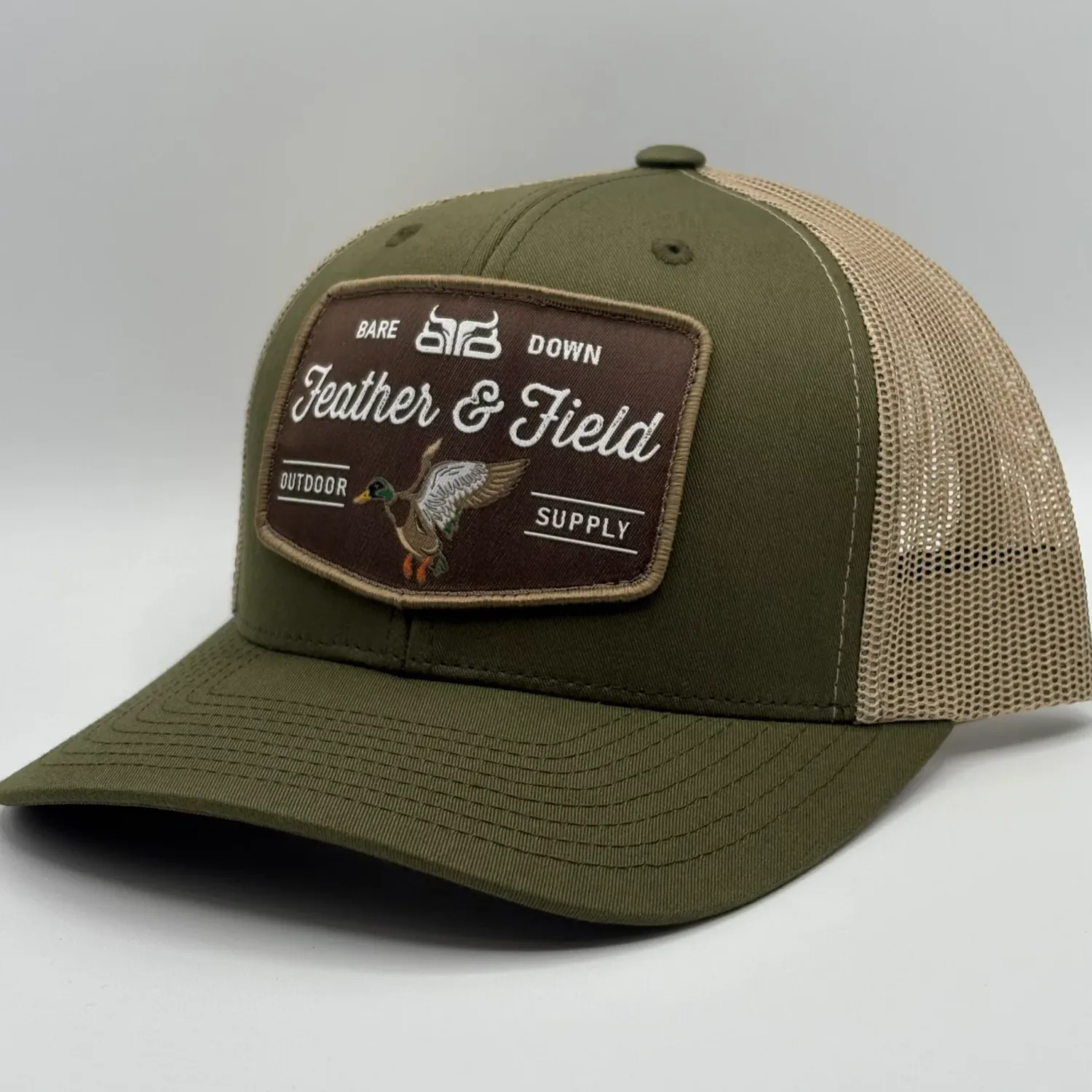 Baredown Brand Curved Feather &amp; Field Brown Snapback- Moss/Khaki