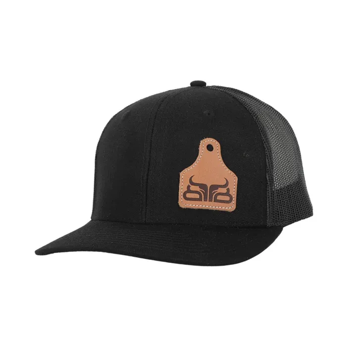 Baredown Brand Curved Leather Ear Tag Patch Hat - Black