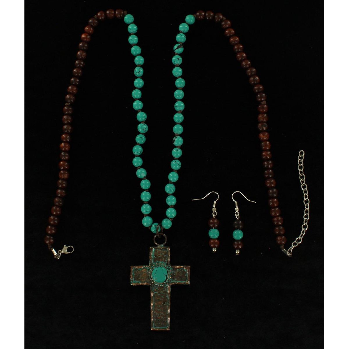 Blazin Roxx Earring &amp; Necklace Set - Brown &amp; Turquoise Beads with Patina Cross 31-34"