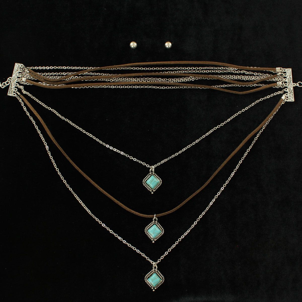 Blazin Roxx Earring &amp; Choker Set - Multi Layer Silver Chain &amp; Brown Suede with Turquoise Stone 11-15"