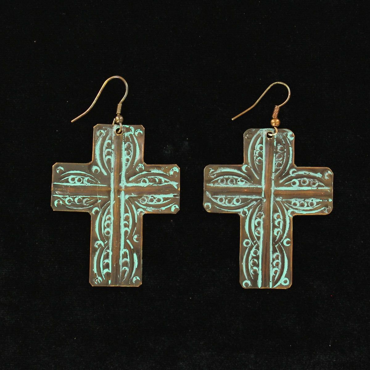 Blazin Roxx Earrings - Patina Scroll Design Cross