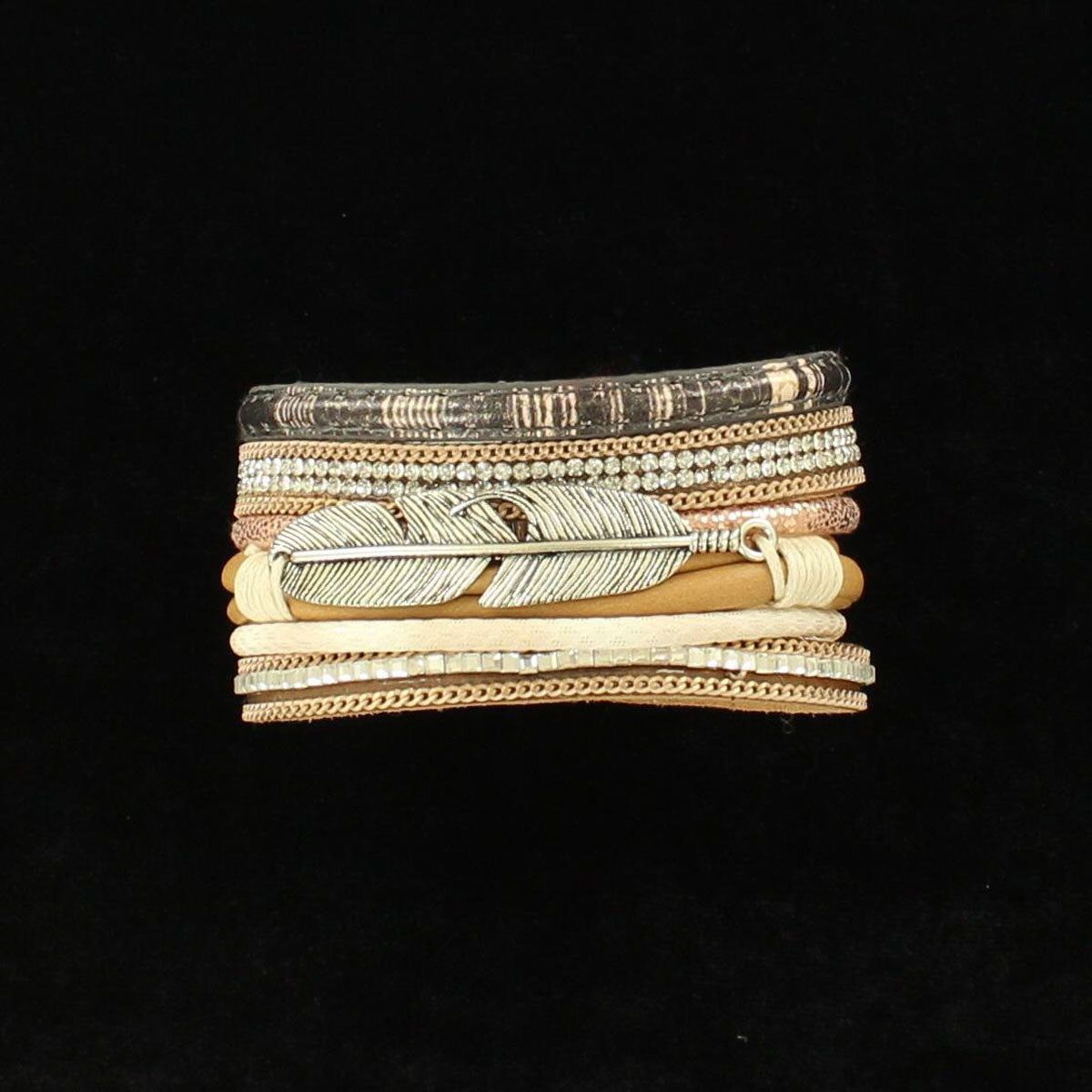 Blazin Roxx Multi-Strand Leather Bracelet w/Crystals &amp; Silver Feather