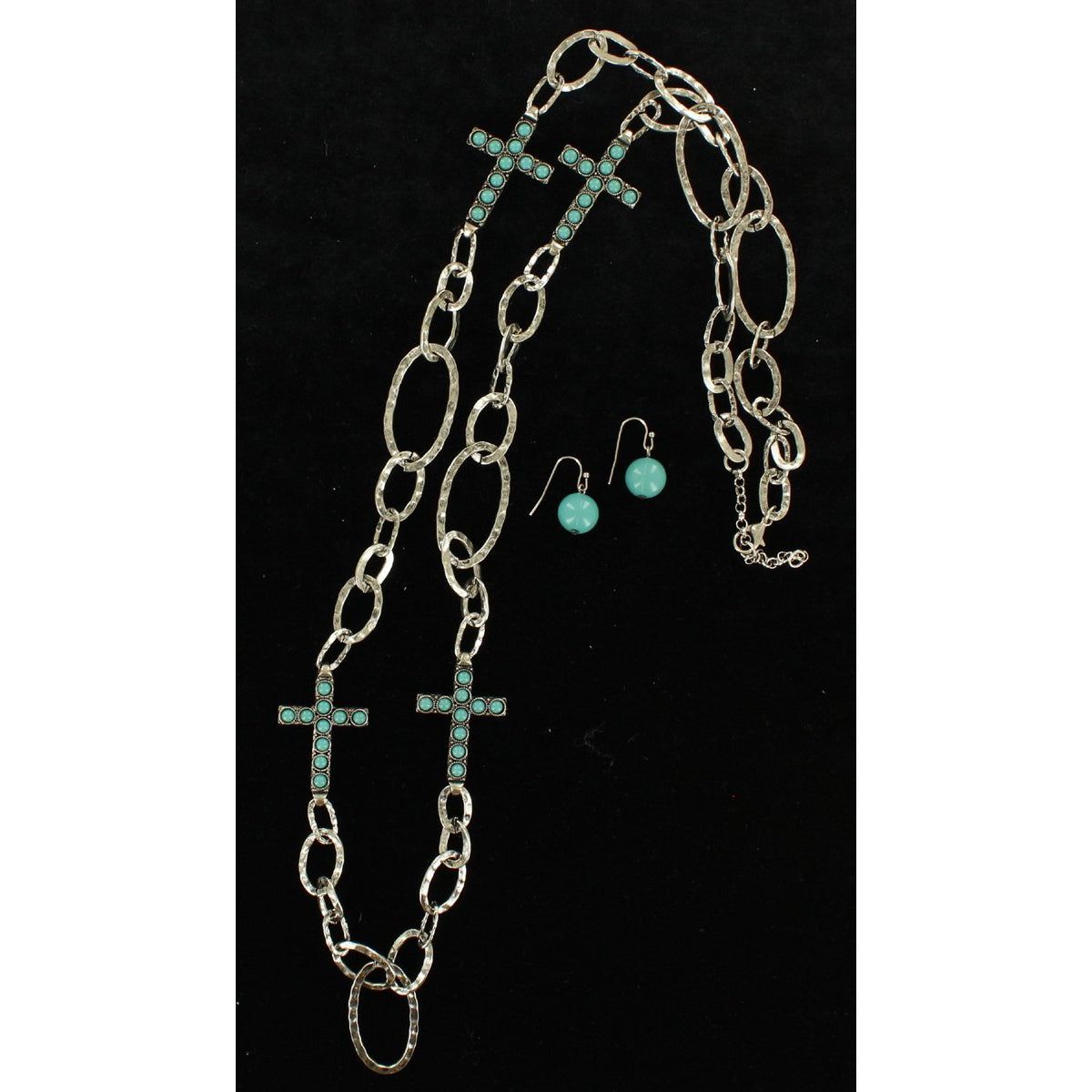 Blazin Roxx Earring &amp; Necklace Set - Silver Chain with Turquoise Crosses 38-39"