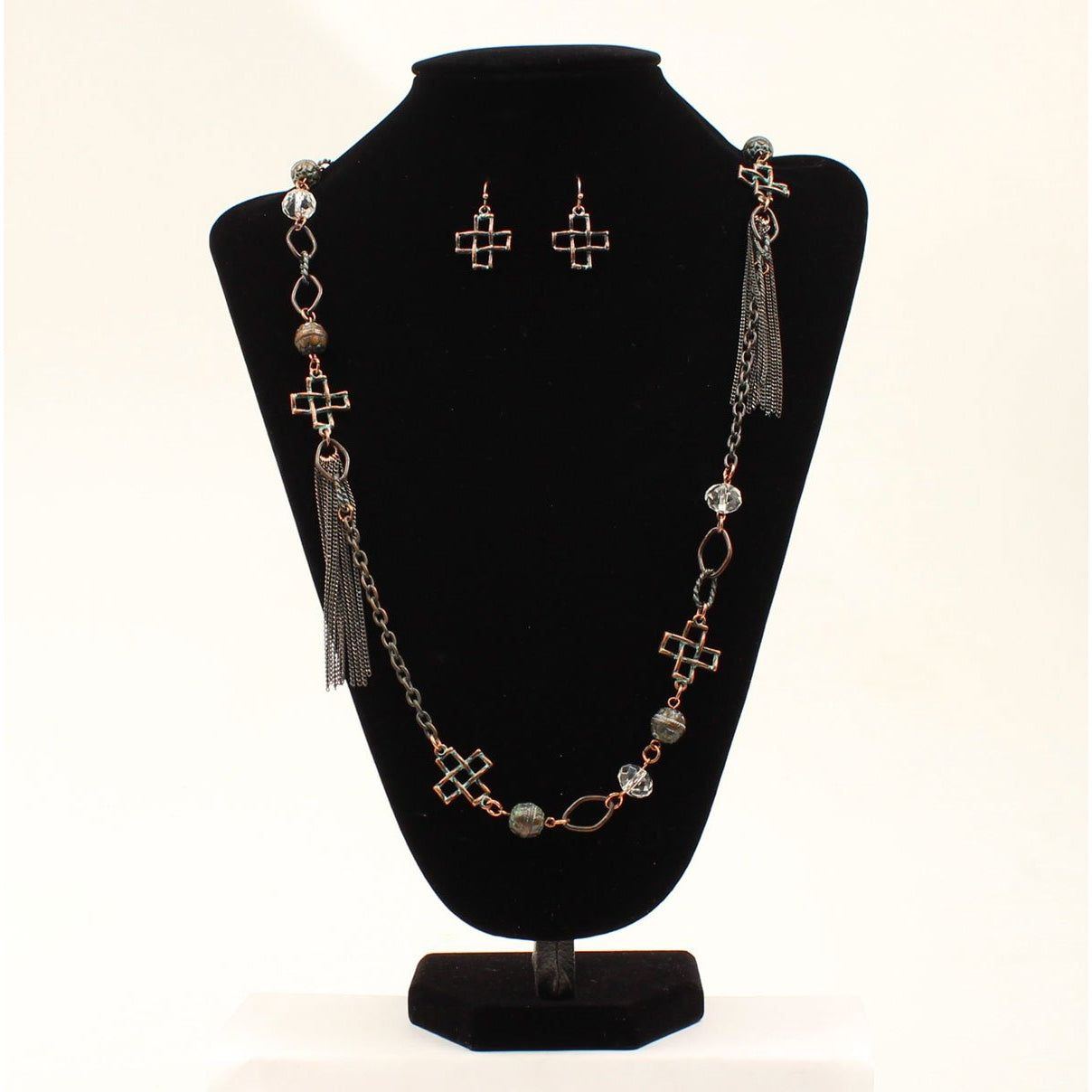 Blazin Roxx Earring &amp; Necklace Set - Patina Cross Beads and Chain Tassels 37-40"