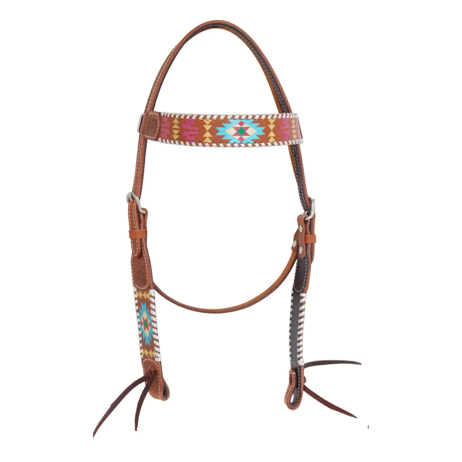 Browband Headstall w/Painted Aztec &amp; Silver Whipstitch