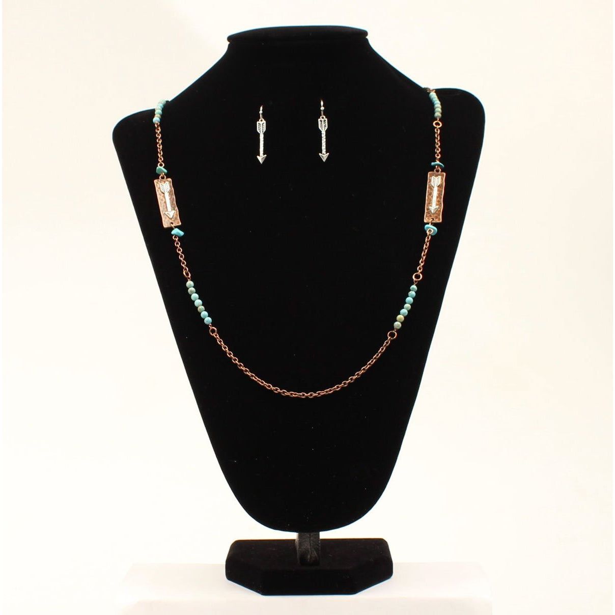 Blazin Roxx Earring &amp; Necklace Set - Copper Chain with Silver Arrows and Turquoise Beads 39-42"