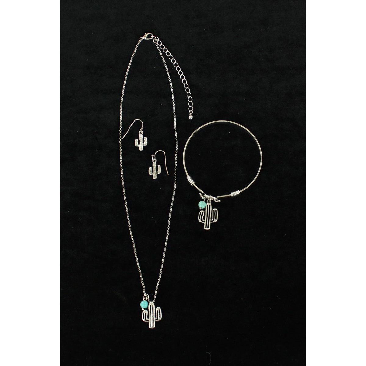 Blazin Roxx Earring Necklace &amp; Bracelet Set - Silver Cactus with Turquoise Stone Pendant