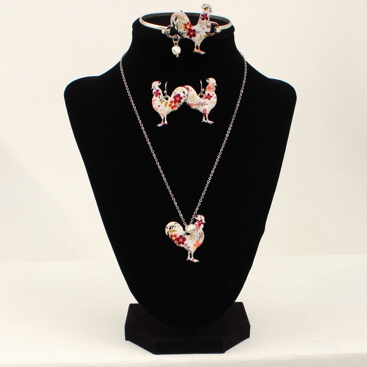 Blazin Roxx Earring Necklace &amp; Bracelet Set - Silver Floral Rooster Pendant 17-20.5"