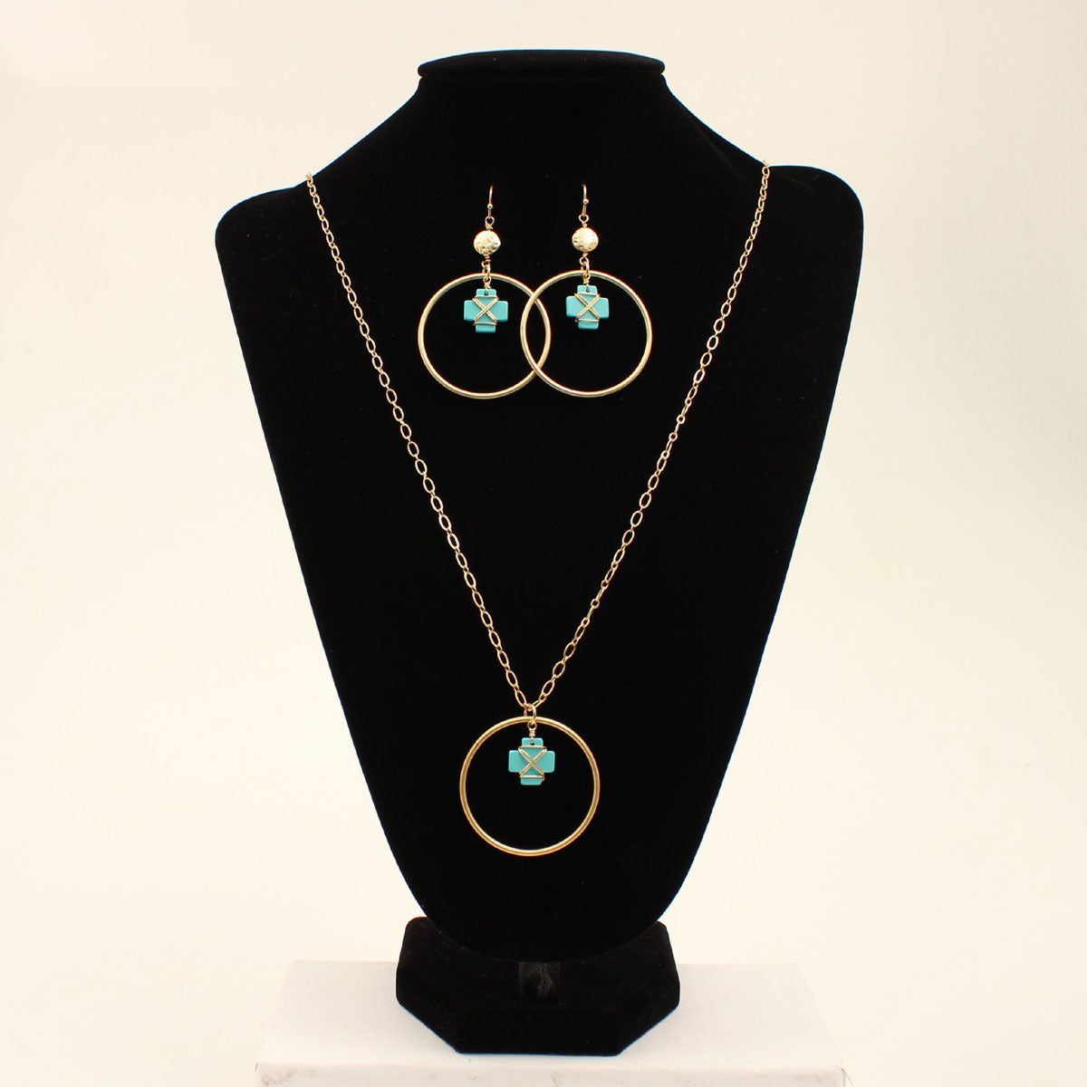 Blazin Roxx Necklace and Earring Set - Circle Turquoise Cross Gold