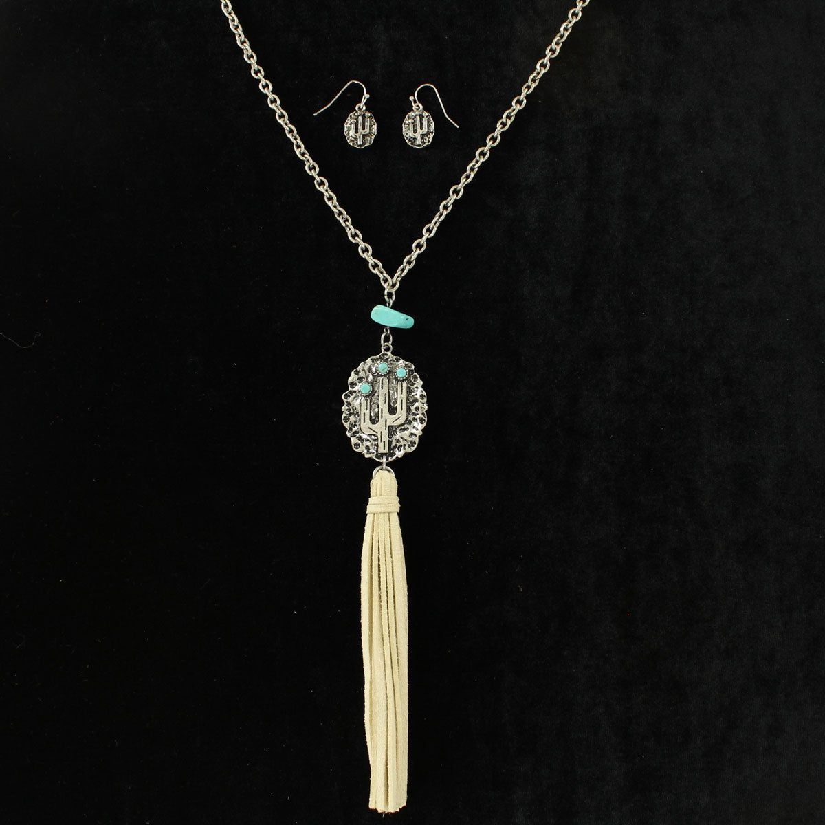 Blazin Roxx Earring &amp; Necklace Set - Silver Chain with Cactus with Turquoise Stones and Ivory Tassel 30-33"
