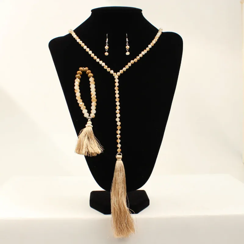 Blazin Roxx Earring Necklace &amp; Bracelet Set - Ivory Shiny Beads W/Ivory Tassel