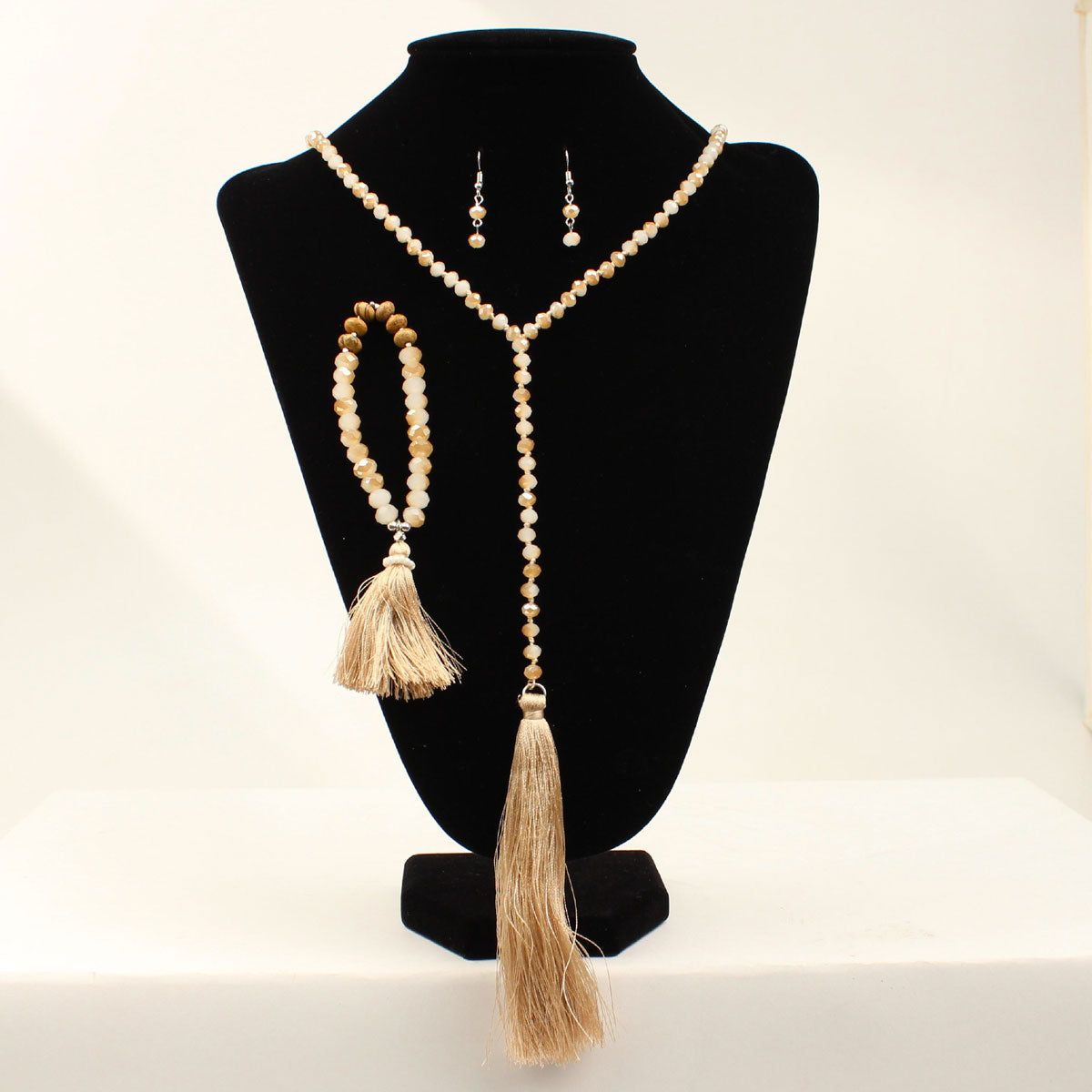Blazin Roxx Earring Necklace &amp; Bracelet Set - Ivory Shiny Beads W/Ivory Tassel