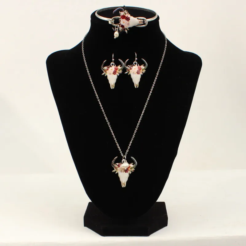 Blazin Roxx Earring Necklace &amp; Bracelet Set - Silver Floral Steer Skull Pendant