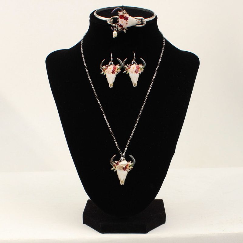 Blazin Roxx Earring Necklace &amp; Bracelet Set - Silver Floral Steer Skull Pendant