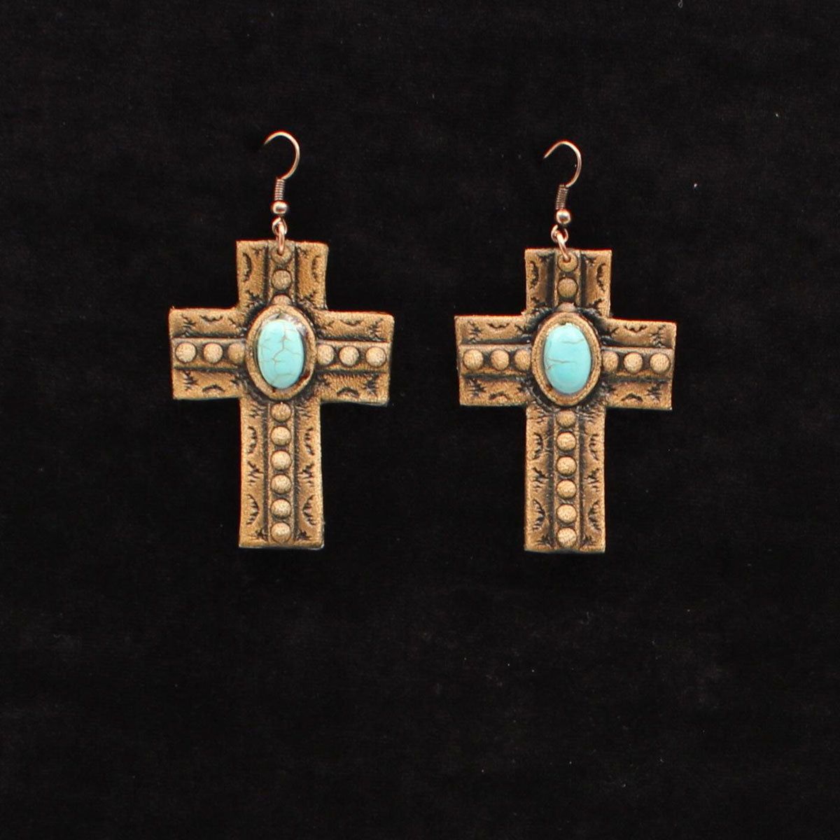 Blazin Roxx Earrings - Leather Crosses Turquoise Stone