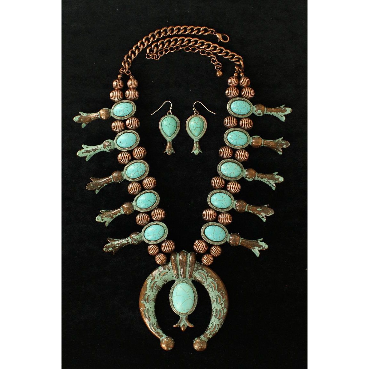 Blazin Roxx Earring &amp; Necklace Set - Copper &amp; Turquoise Stone Large Squash Blossom 24-27"