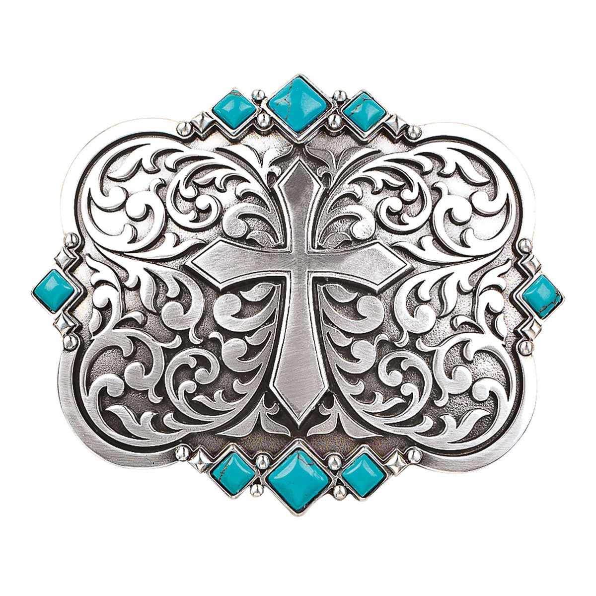 Blazin Roxx Ladies Buckle - Rectangle - Silver Scroll and Cross