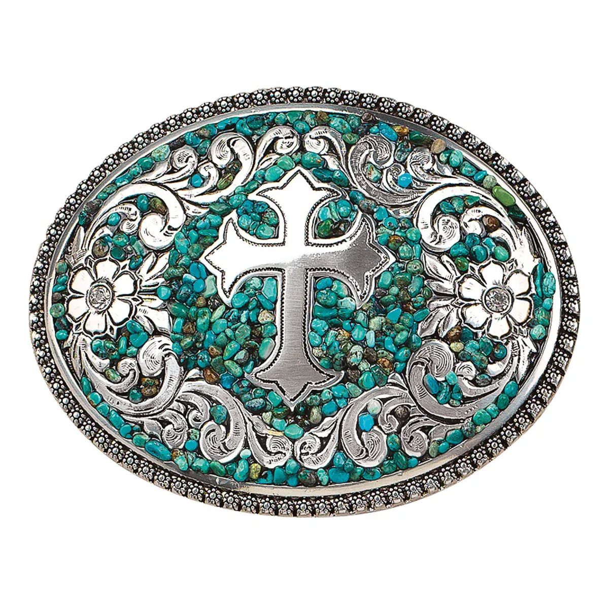 Blazin Roxx Oval Cross Buckle - Turquoise Stones w/Cross