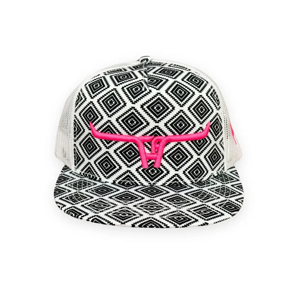 Cactus Alley Pink Longhorn Mesh Snapback Cap - Black Aztec