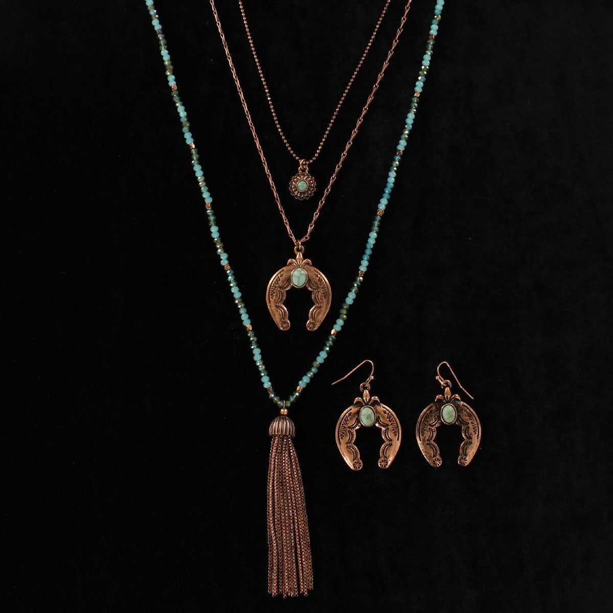 Blazin Roxx Necklace &amp; Earring Set - 3 Layer Small Copper Disc Copper Squash Blossom Turquoise Beads with Tassel 16-19"