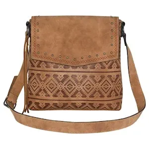 Catchfly Women's Embossed Southwestern Design Burnished Crossbody Purse - Tan