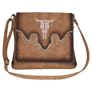 Catchfly Women's Cow Skull Embroidered Burnished Crossbody Purse - Tan