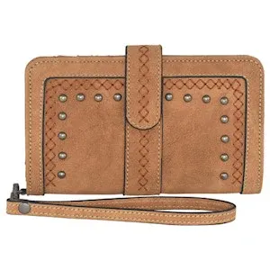 Catchfly Women's Embossed Southwestern Design Burnished Slim Wallet - Tan