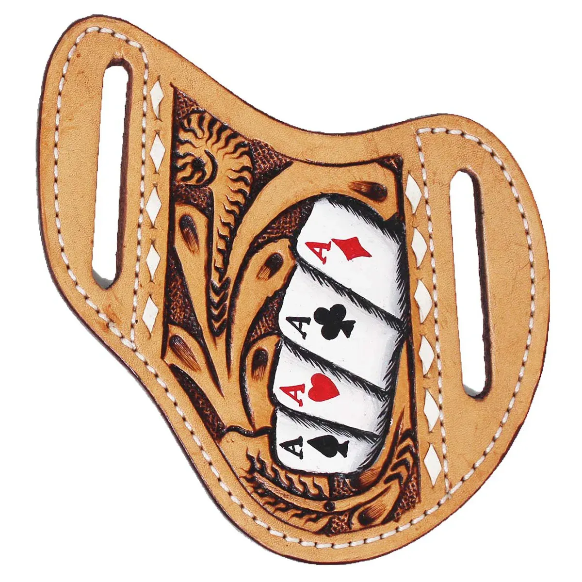 Challenger Western Leather Aces Poker Card Tooled Knife Holder Flat Sheath - Light Tan
