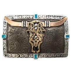 Crumrine Rectangle Cow Skull Buckle- Turquoise