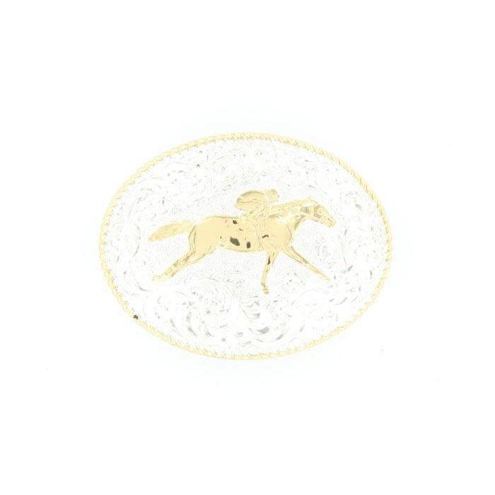 Crumrine Buckle Gold Rope Edge with Scroll Work and Gold Race Horse 3.5x4.5"