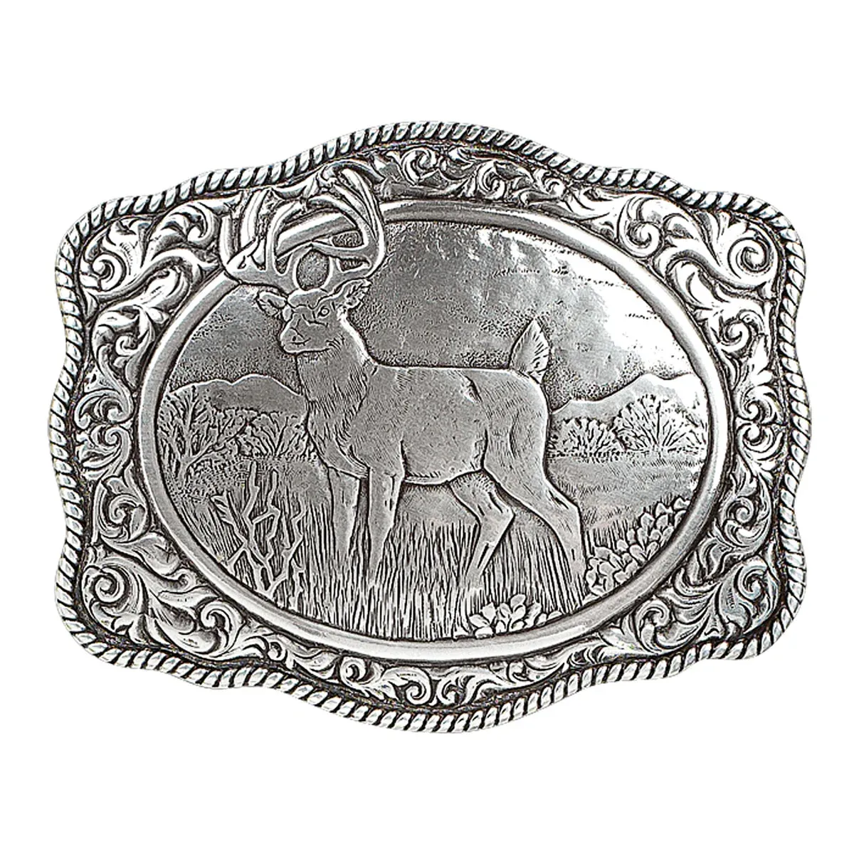 Crumrine Rectangle Vintage Whitetail Deer Buck Buckle - Silver