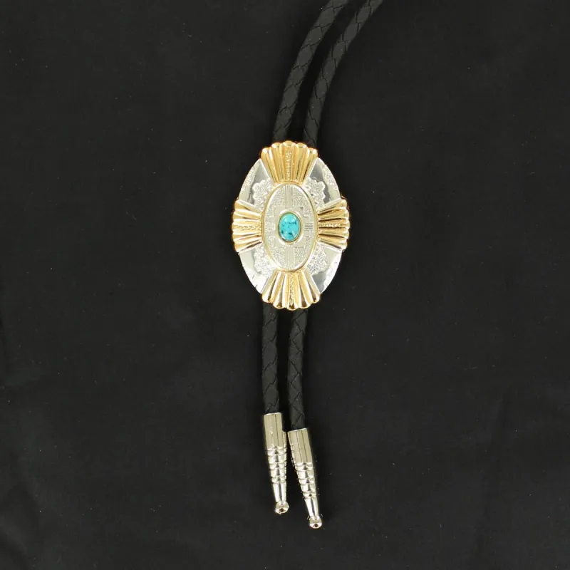 **Double S Bolo Tie - Gold/Silver with Turquoise Stone