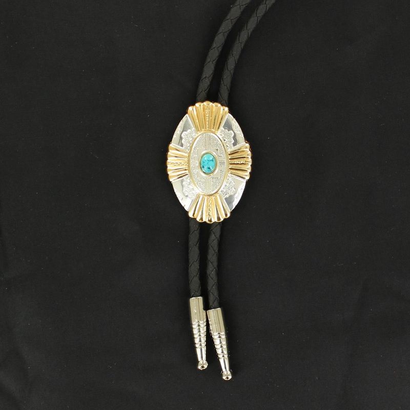**Double S Bolo Tie - Gold/Silver with Turquoise Stone