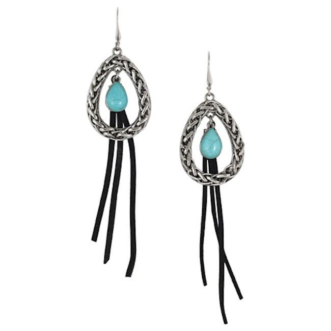 Earrings Faux Turquoise Teardrop w/Suede Fringe