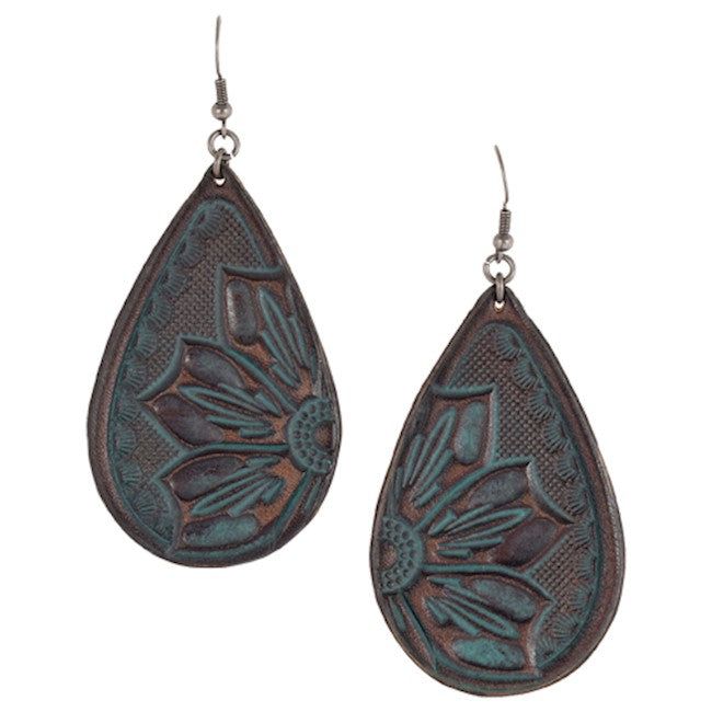 Earrings Tooled Leather Dark Brown/Turquoise Wash